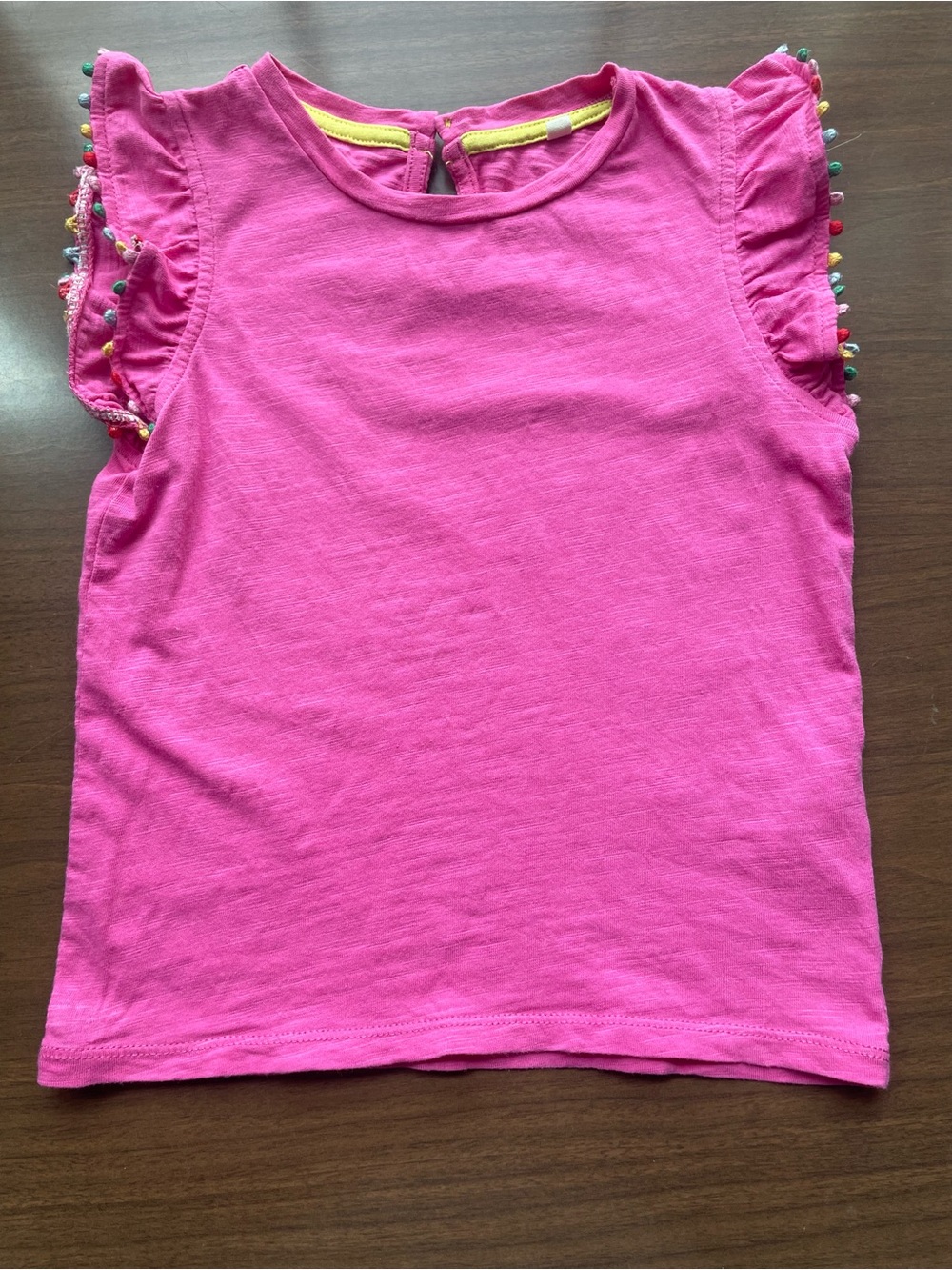Mini Boden Girls Bright Pink Ruffle Sleeve Tank with Rainbow Trim